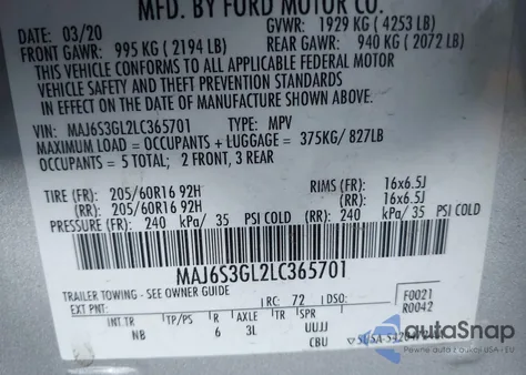 2020 Ford Ecosport Se z USA, uszkodzony, nr VIN MAJ6S3GL2LC365701